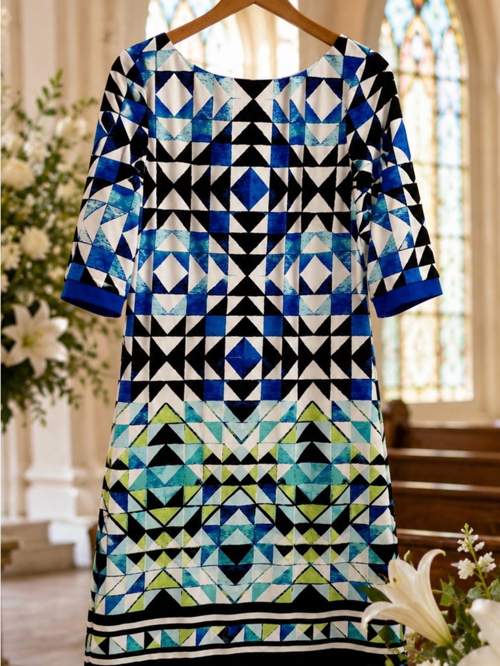 Eliza J Blue Geometric Print Sheath Dress Women Size 14 Lined Gold Zip